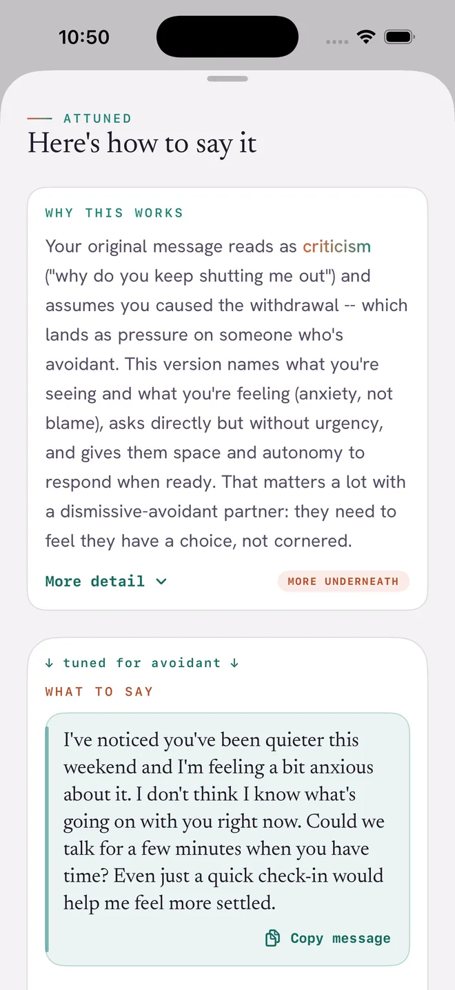 Attune result screen: a rewritten message tuned for an avoidant partner, with an explanation of why this works