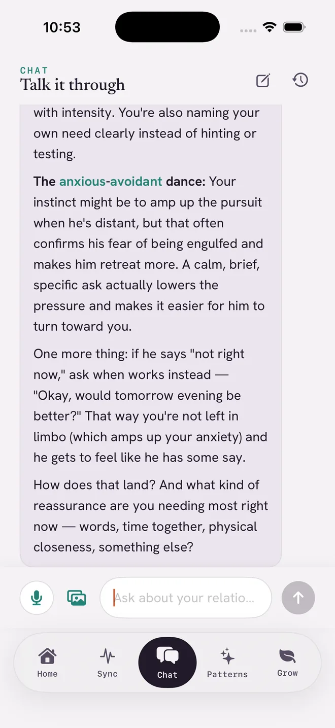 Chat screen: open-ended guidance about the anxious-avoidant dance and how to lower the pressure