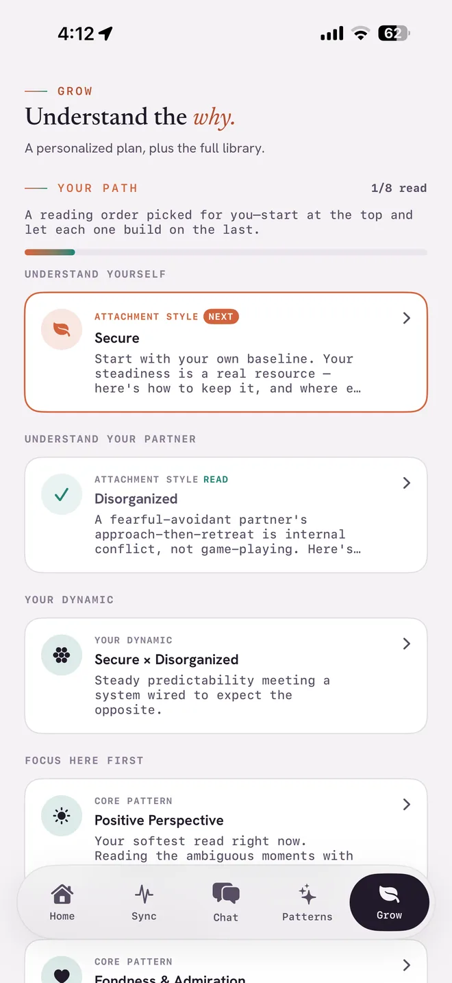 Grow screen: a personalized reading path through the attachment and Gottman library