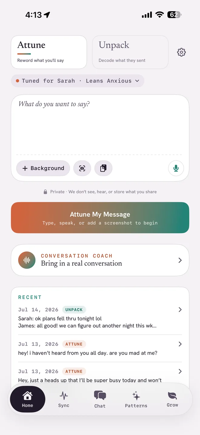 The Attune home screen: a message being tuned for Sarah, who leans anxious, with the Attune My Message button and recent tuned messages below