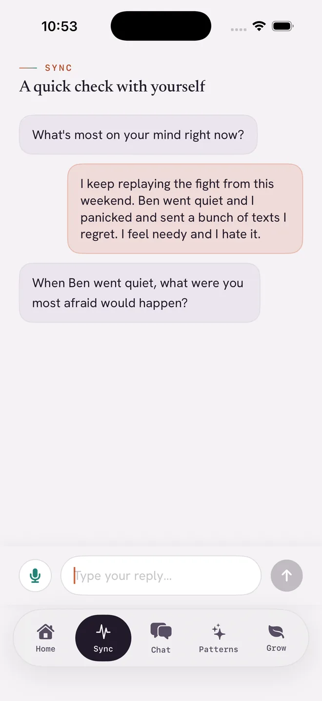 Sync screen: a quick chat check-in with yourself, asking what's most on your mind right now